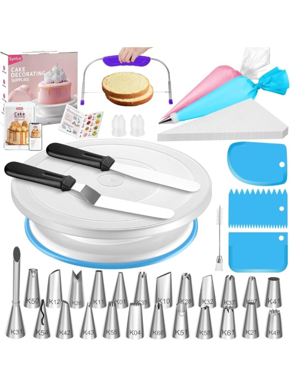 Syntus 65 PCs Cake Decorating Kit with Cake Stand Turntable, Cake Baking